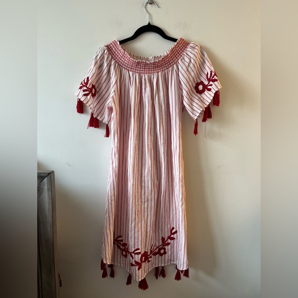 Luna Moon Off-Shoulder Red-White Embroidered Flowers and Tassel Mini Dress - Picture 1 of 12